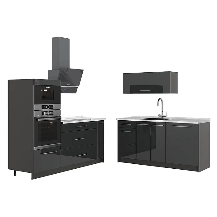 Vicco Küchenzeile - Breite: 340 cm, Anthrazit Hochglanz, Ohne Elektrogeräte - Moderne dunkelgraue Hochglanz-Küchenzeile mit integriertem Backofen, Mikrowelle, Dunstabzug und Spülbecken.