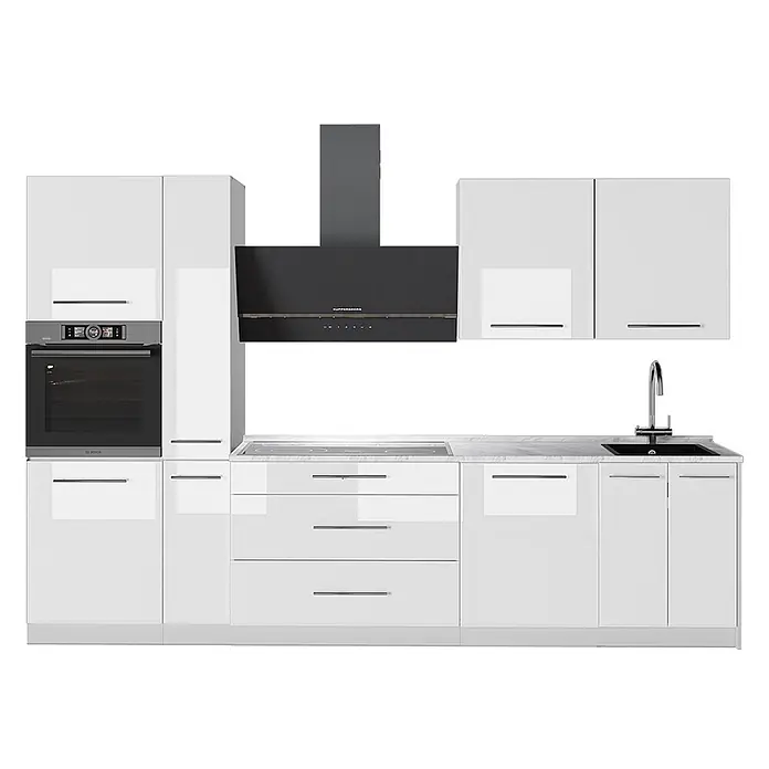 Vicco Küchenzeile - Weiß Hochglanz, Ohne Elektrogeräte - Moderne weiße Küche mit Hochglanzschränken, heller Arbeitsplatte und integriertem schwarzem Backofen, Kochfeld, Dunstabzugshaube und Spüle.