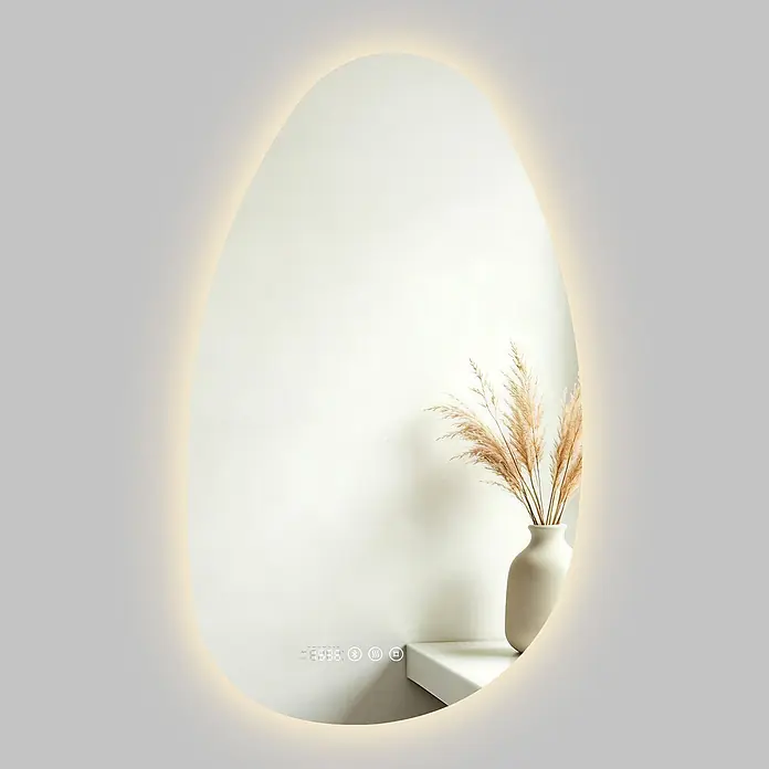 S'AFIELINA Lichtspiegel Forma Plus - 85 x 50 cm, Leuchtmittel - Ovaler LED-Spiegel mit Hintergrundbeleuchtung, Digitaluhr, Bluetooth und Antibeschlagfunktion.
