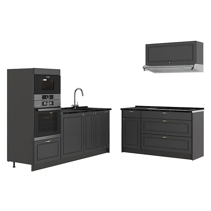 Vicco Küchenzeile - Breite: 340 cm, Anthrazit-Gold Landhaus, Ohne Elektrogeräte - Dunkelgraue Küchenschränke mit integriertem Backofen, Mikrowelle, Spüle, Armatur und Dunstabzugshaube.