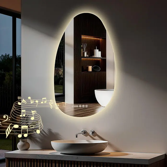 S'AFIELINA Lichtspiegel Forma Plus - 85 x 50 cm, Leuchtmittel - Unregelmäßig geformter, LED-beleuchteter Badezimmerspiegel über einem Waschbecken, ein modernes Interieur spiegelnd, mit Musiknoten für Audiofunktion.