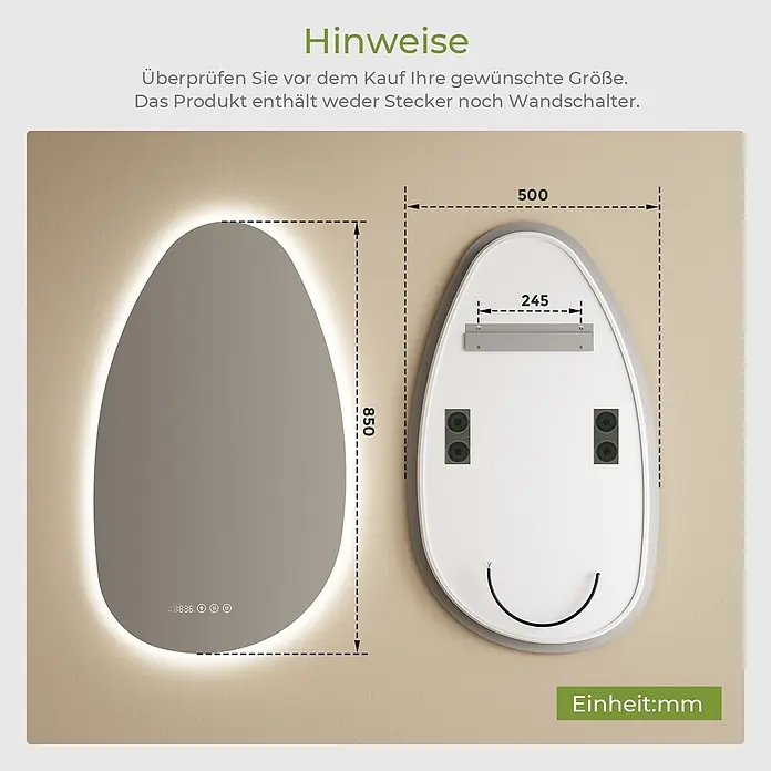 S'AFIELINA Lichtspiegel Forma Plus - 85 x 50 cm, Leuchtmittel - Unregelmäßig geformter LED-Spiegel mit Touch-Steuerung, Vorder- und Rückansicht mit Maßen 850x500mm.