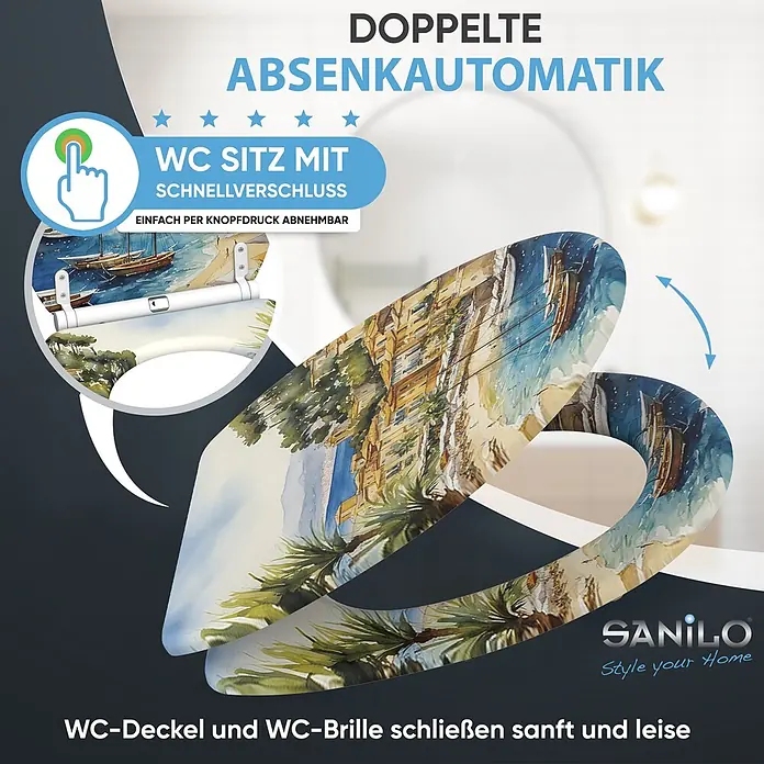 SANILO WC-Sitz Riviera mit Schnellverschluss - MDF, Beige, Blau, Grün, Mit Absenkautomatik - WC-Sitz mit Küstenstadt-Aquarellmotiv, doppelter Absenkautomatik und Schnellverschluss für einfache Reinigung.