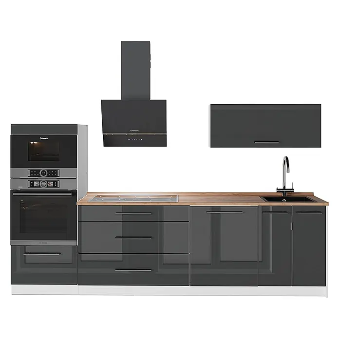 Vicco Küchenzeile - Anthrazit Hochglanz, Ohne Elektrogeräte - Moderne dunkelgraue Hochglanzküche mit Holztheke, integrierten Öfen, Induktionskochfeld, Spüle und passendem Hängeschrank und Dunstabzug.