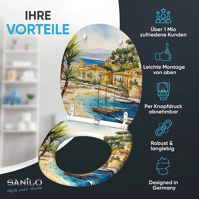 SANILO WC-Sitz Riviera mit Schnellverschluss - MDF, Beige, Blau, Grün, Mit Absenkautomatik - Weißer Toilettensitz mit lebhaftem Aquarell-Druck eines mediterranen Küstendorfes, Strandes und Booten.