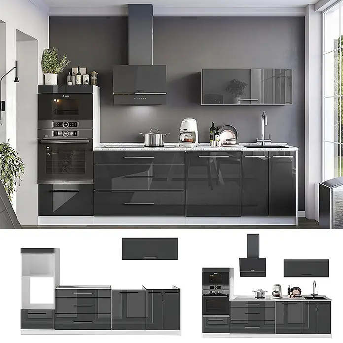 Vicco Küchenzeile - Breite: 280 cm, Anthrazit Hochglanz, Ohne Elektrogeräte - Moderne, hochglänzende graue Küche mit integrierten Geräten, viel Stauraum und Kochfläche.