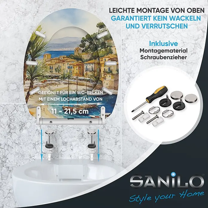 SANILO WC-Sitz Riviera mit Schnellverschluss - MDF, Beige, Blau, Grün, Mit Absenkautomatik - WC-Sitz mit Landschaftskunst, einfache Top-Montage, 11-21,5cm Lochabstand, inkl. Montagematerial und Schraubenzieher.