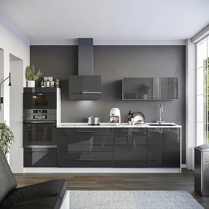 Vicco Küchenzeile - Breite: 280 cm, Anthrazit Hochglanz, Ohne Elektrogeräte - Moderne hochglänzende dunkelgraue Küche mit integrierten Geräten, die schlankes Design und funktionalen Stauraum zeigt.