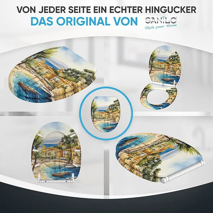 SANILO WC-Sitz Riviera mit Schnellverschluss - MDF, Beige, Blau, Grün, Mit Absenkautomatik - Toilettensitz, verziert mit einer Aquarellszene einer lebhaften Küstenstadt, mit Booten, Gebäuden und Palmen am Meer.
