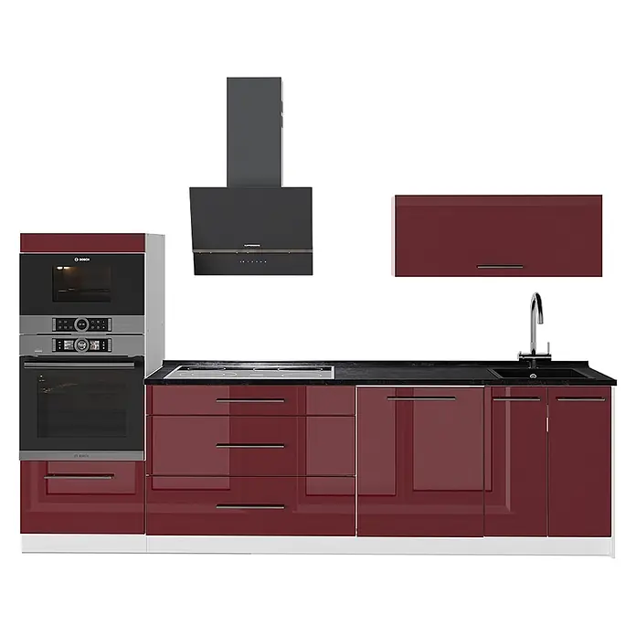 Vicco Küchenzeile - Breite: 280 cm, Bordeaux Hochglanz, Ohne Elektrogeräte - Moderne Küche mit glänzenden dunkelroten Schränken, schwarzer Arbeitsplatte, Einbaugeräten und Dunstabzugshaube.