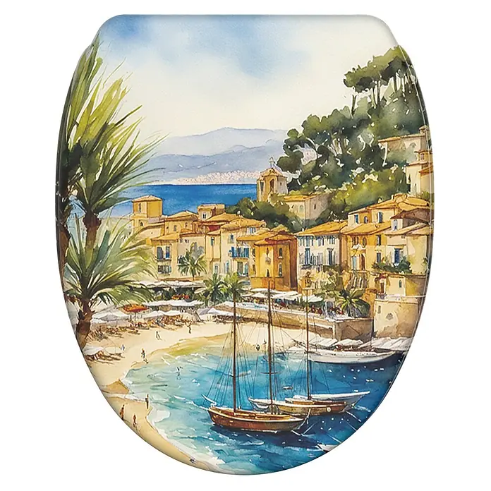SANILO WC-Sitz Riviera mit Schnellverschluss - MDF, Beige, Blau, Grün, Mit Absenkautomatik - Toilettensitz mit Aquarellgemälde einer lebhaften mediterranen Küstenstadt, einer Bucht mit Booten, Sandstrand und farbenfrohen Gebäuden.