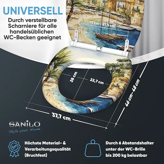 SANILO WC-Sitz Riviera mit Schnellverschluss - MDF, Beige, Blau, Grün, Mit Absenkautomatik - WC-Sitz mit tropischem Strandmotiv, universell passend durch verstellbare Scharniere. Maße ca. 46-48 cm lang, 37,7 cm breit, bis 200 kg belastbar.
