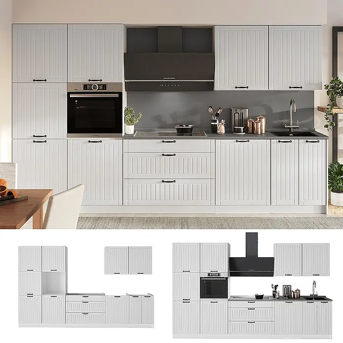 Vicco Küchenzeile - Breite: 340 cm, Weiß Landhaus, Ohne Elektrogeräte - Weiße Küchenschrankgarnitur mit Lamellentüren, schwarzen Griffen und integrierten Geräten (Ofen, Kochfeld, Spüle, Dunstabzugshaube).