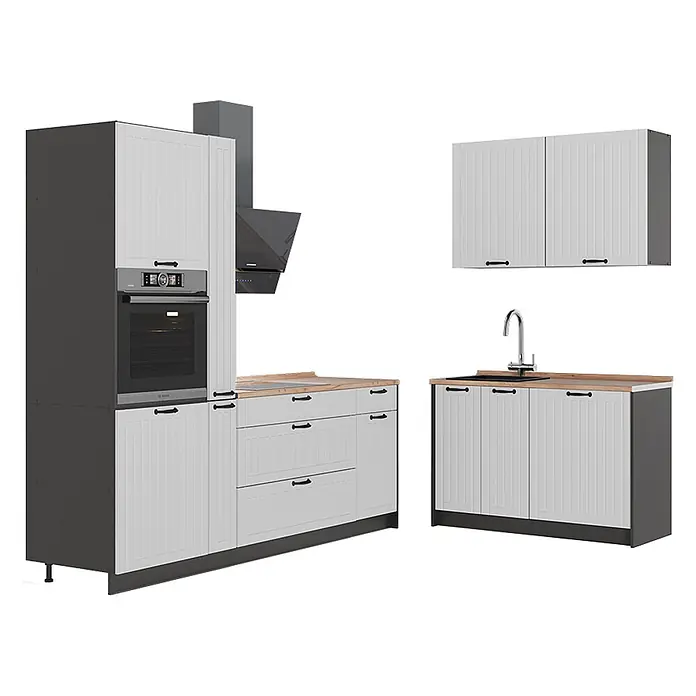 Vicco Eckküche - B x T: 220 x 60 cm, Weiß Landhaus, Ohne Elektrogeräte - Weiße Küche mit Lamellentüren, dunklen Rahmen, Holz-Arbeitsplatten, integriertem Backofen und Spüle.