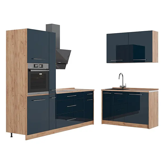 Vicco Eckküche - B x T: 340 x 60 cm, Dunkelblau Hochglanz, Ohne Elektrogeräte - Moderne Küchenzeile mit glänzend dunkelblauen Schränken und hellen Holzmaserungsakzenten, inklusive Backofen, Kochfeld, Dunstabzug und Spüle.