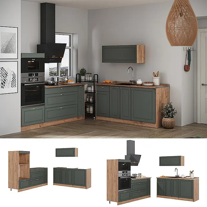 Vicco Küchenzeile - Breite: 340 cm, Grün-Gold Landhaus, Ohne Elektrogeräte - Moderne L-förmige Küche mit dunkelgrünen Fronten und Holzoptik-Details. Mit integrierten Geräten wie Backofen, Kochfeld, Spüle und Auszugregal.