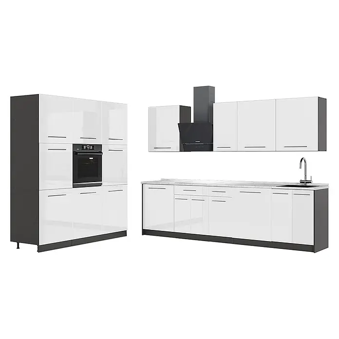 Vicco Küchenzeile - Weiß Hochglanz, Ohne Elektrogeräte - Moderne Küchenzeile mit hochglänzenden weißen Fronten und dunkelgrauen Elementen, inklusive Backofen, Dunstabzugshaube und Spüle.