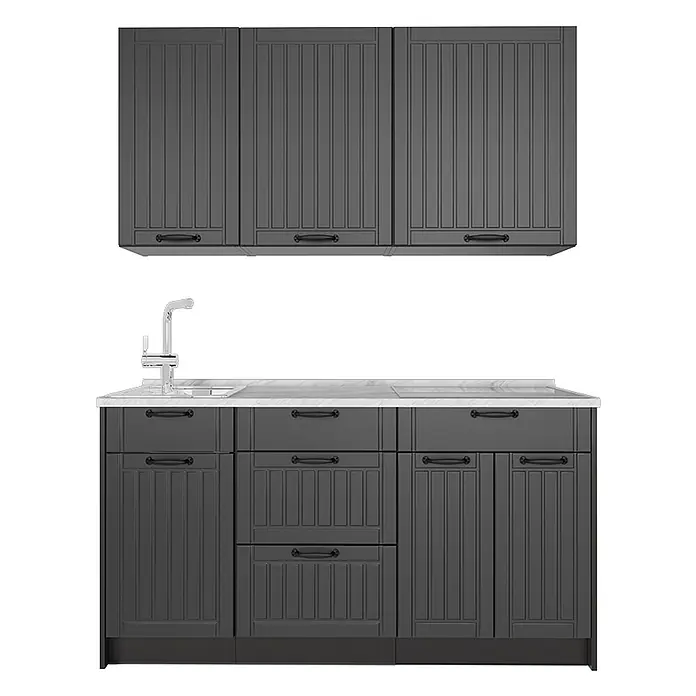 Vicco Singleküche - Breite: 150 cm, Dunkelgrau, Mit AP Marmor - Dunkelgraue Küchenschrankzeile mit vertäfelten Türen, schwarzen Griffen, weißer Arbeitsplatte, Spüle und Herdplatte.