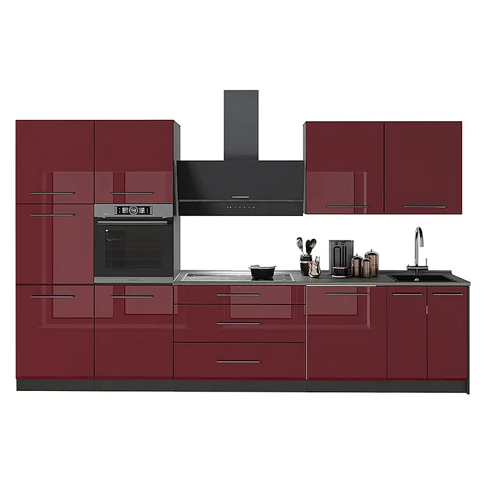 Vicco Küchenzeile - Bordeaux Hochglanz, Ohne Elektrogeräte - Moderne hochglänzende bordeauxrote Küche mit integriertem Backofen, Kochfeld, Dunstabzugshaube und Spüle.
