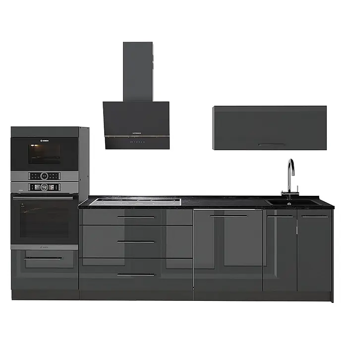 Vicco Küchenzeile - Breite: 280 cm, Anthrazit Hochglanz, Ohne Elektrogeräte - Moderne dunkelgraue Hochglanzküche mit integriertem Backofen, Kochfeld, Spüle und Dunstabzugshaube.