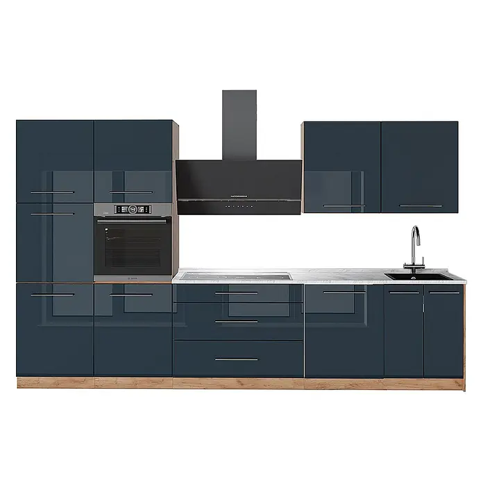 Vicco Küchenzeile - Dunkelblau Hochglanz, Ohne Elektrogeräte - Glänzend dunkelblaue Modulküche mit Backofen, Kochfeld, Dunstabzug und Spüle. Mit Holzsockel und heller Arbeitsplatte.