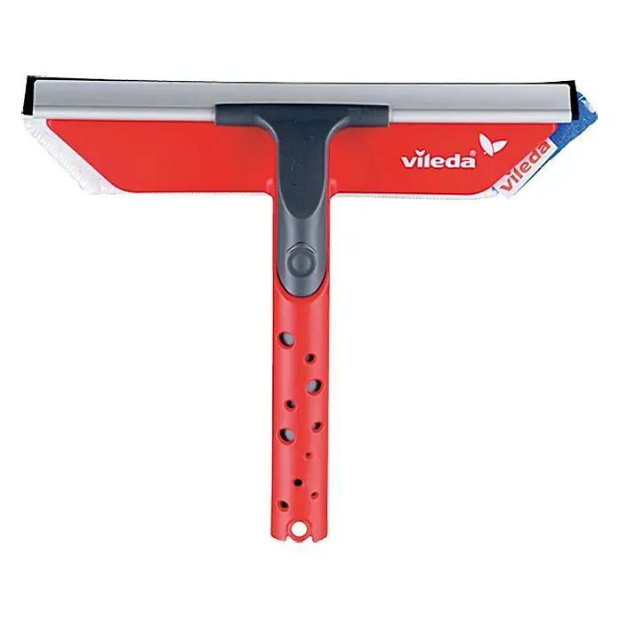 Vileda Fenster-Wischer Profi - Polypropylen, Mikrofaser - Abbildung eines Vileda Fensterreinigers mit rotem Griff und silbernem Wischer. Ideal für streifenfreie Fenster.