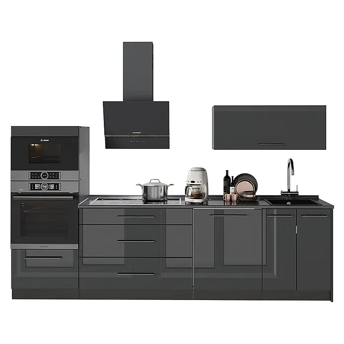 Vicco Küchenzeile - Breite: 280 cm, Anthrazit Hochglanz, Ohne Elektrogeräte - Moderne dunkelgraue Hochglanzküchenzeile mit Einbaugeräten, Spüle und Kochfeld.