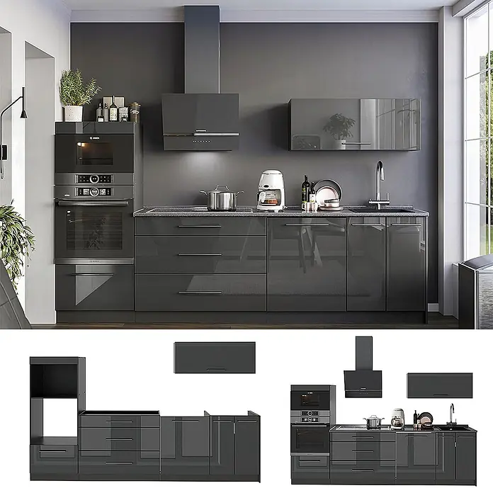 Vicco Küchenzeile - Breite: 280 cm, Anthrazit Hochglanz, Ohne Elektrogeräte - Dunkelgraue, glänzende Modulküche mit Unter- und Oberschränken, integriertem Backofen, Mikrowelle, Kochfeld, Dunstabzugshaube und Spüle in modernem Ambiente.