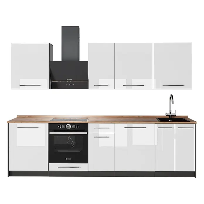 Vicco Küchenzeile - Weiß Hochglanz, Ohne Elektrogeräte - Moderne Küche mit glänzenden weißen Schränken, schwarzen Geräten und einer Holztheke.