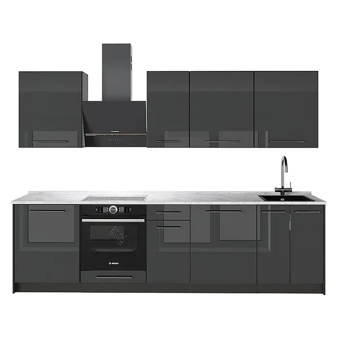 Vicco Küchenzeile - Anthrazit Hochglanz, Ohne Elektrogeräte - Moderne dunkelgraue Hochglanzküche mit integriertem Backofen, Induktionskochfeld, Spüle und Dunstabzugshaube.