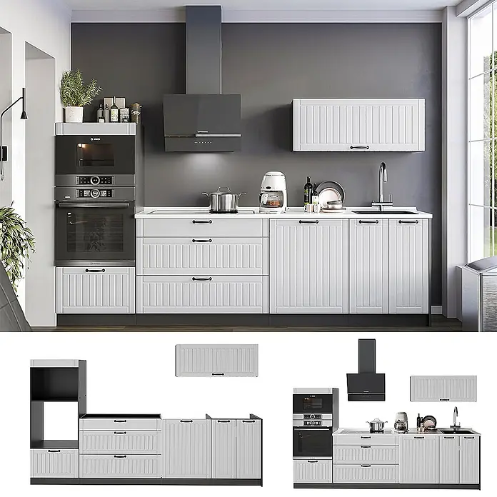 Vicco Küchenzeile - Breite: 280 cm, Weiß Landhaus, Ohne Elektrogeräte - Moderne weiße Küchenzeile mit geriffelten Schrankfronten, dunklen Griffen, integrierten Öfen und Dunstabzugshaube.