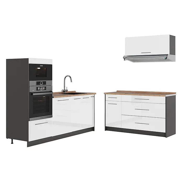 Vicco Küchenzeile - Breite: 340 cm, Weiß Hochglanz, Ohne Elektrogeräte - Moderne Küchenzeile mit hochglänzenden weißen Schränken, Arbeitsplatten in heller Holzoptik, integrierten Bosch-Geräten, Spüle und Dunstabzugshaube.