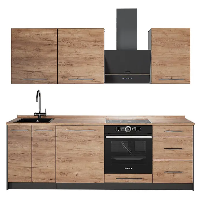 Vicco Küchenzeile - Breite: 230 cm, Goldkraft Eiche, Ohne Elektrogeräte - Moderne Holzküchenzeile mit integrierten schwarzen Geräten, Spüle, Kochfeld, Backofen und Dunstabzugshaube.