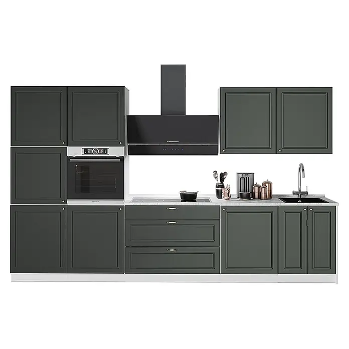 Vicco Küchenzeile - Breite: 340 cm, Grün-Gold Landhaus, Ohne Elektrogeräte - Dunkelgrüne modulare Küche mit integriertem Backofen, Induktionskochfeld, Dunstabzugshaube und Spüle, mit Goldakzenten.