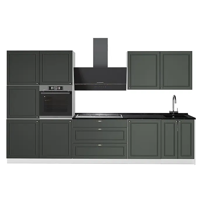 Vicco Küchenzeile - Breite: 340 cm, Grün-Gold Landhaus, Ohne Elektrogeräte - Dunkelgraue Küchenschränke mit integriertem Backofen, Kochfeld, Dunstabzugshaube und Spüle, dazu eine schwarze Arbeitsplatte.