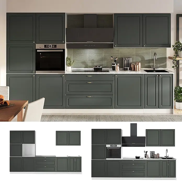 Vicco Küchenzeile - Breite: 340 cm, Grün-Gold Landhaus, Ohne Elektrogeräte - Dunkelgrüne klassische Küchenschrank-Garnitur mit integriertem Backofen, Kochfeld, Dunstabzugshaube und Spüle.