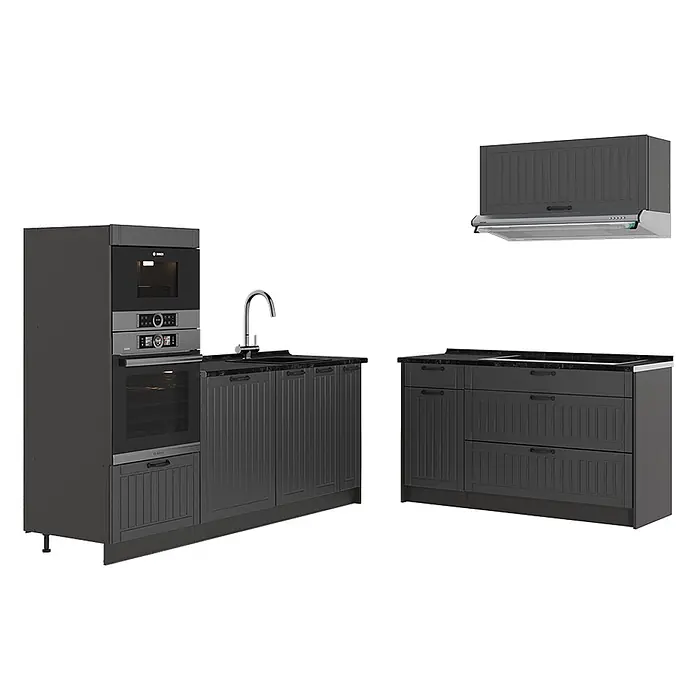 Vicco Küchenzeile - Breite: 340 cm, Dunkelgrau, Ohne Elektrogeräte - Dunkelgraue Küchenzeile mit gerillten Schranktüren, dunkler Granitarbeitsplatte, integriertem Bosch Backofen/Mikrowelle, Spüle und Dunstabzugshaube.