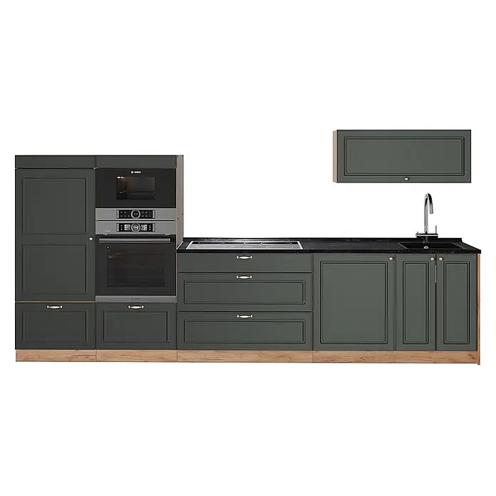 Vicco Küchenzeile - Breite: 340 cm, Grün-Gold Landhaus, Ohne Elektrogeräte - Dunkelgrüne modulare Küche mit integriertem Ofen, Mikrowelle, Kochfeld und Spüle, klassischen Paneeltüren und Holzsockel.