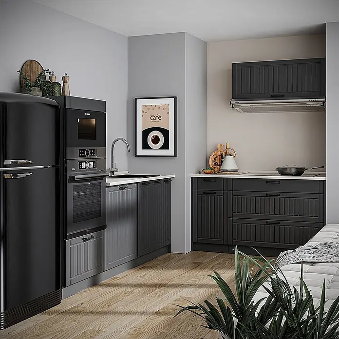 Vicco Küchenzeile - Breite: 340 cm, Dunkelgrau, Ohne Elektrogeräte - Eine moderne Küche mit dunkelgrauen Rillenfronten, schwarzen Geräten und hellen Arbeitsplatten, ideal für kleine Wohnräume.