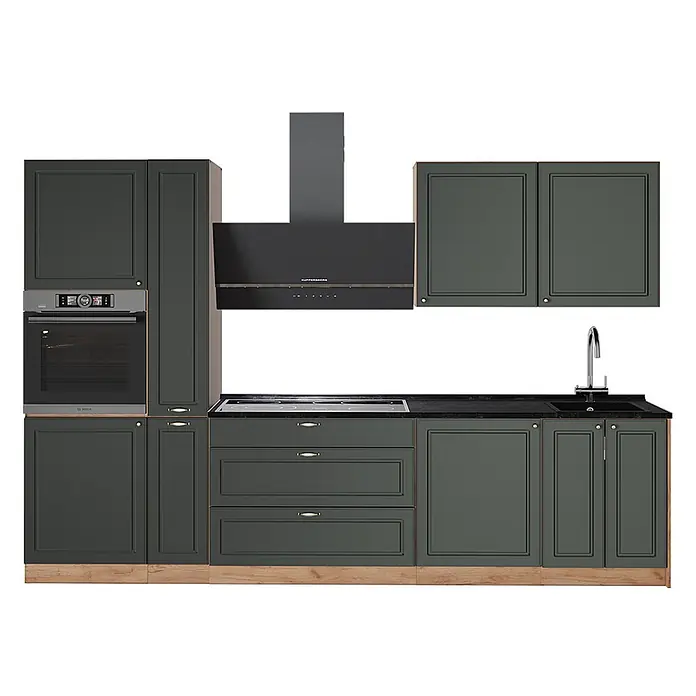 Vicco Küchenzeile - Breite: 310 cm, Grün-Gold Landhaus, Ohne Elektrogeräte - Dunkelgraue modulare Küchenzeile mit Holzsockel, schwarzer Arbeitsplatte, integriertem Ofen, Kochfeld, Dunstabzugshaube und Spüle.
