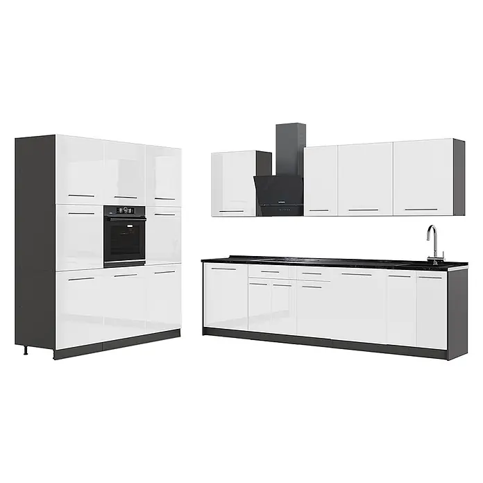 Vicco Küchenzeile - Weiß Hochglanz, Ohne Elektrogeräte - Moderne weiße Hochglanz-Küchenzeile mit schwarzen Arbeitsplatten, integriertem Backofen, Dunstabzugshaube und Spüle mit Chromarmatur.