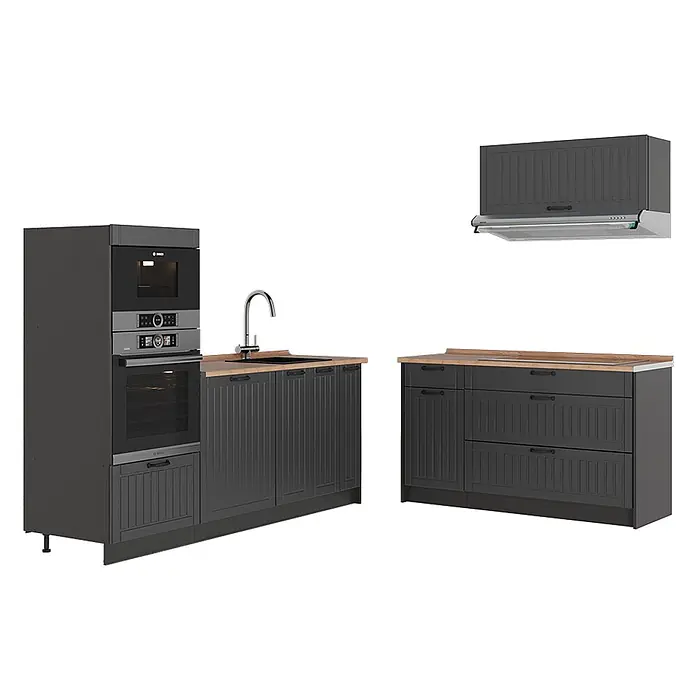 Vicco Küchenzeile - Breite: 340 cm, Dunkelgrau, Ohne Elektrogeräte - Dunkelgraue Küchenschränke mit Holz-Arbeitsplatten, inklusive Backofen-/Mikrowelleneinheit, Spüle, Schubladen und Dunstabzugshaube.