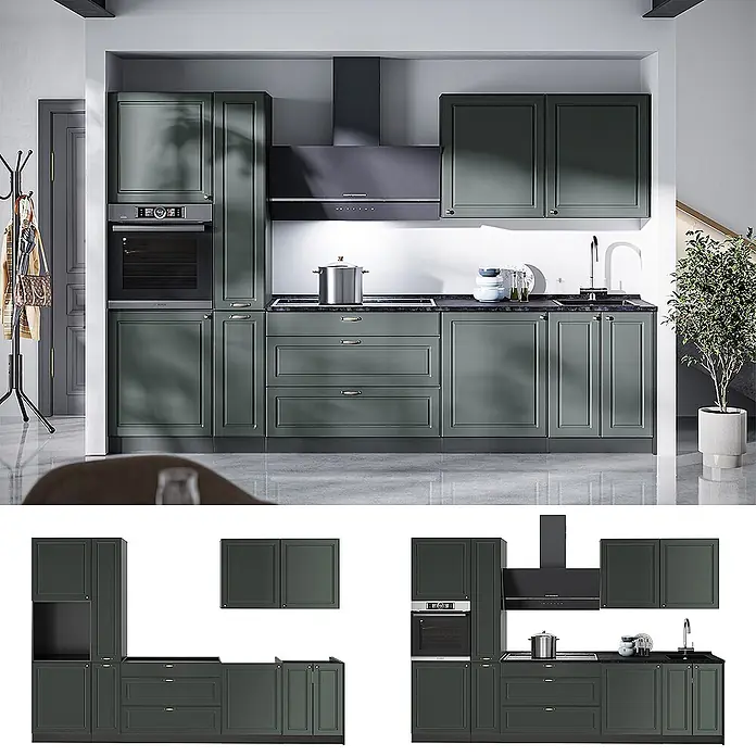 Vicco Küchenzeile - Breite: 310 cm, Grün-Gold Landhaus, Ohne Elektrogeräte - Dunkelgrüne Küchenschränke mit klassischen Kassettenfronten, inklusive integriertem Backofen, Kochfeld, Spüle und Dunstabzugshaube.