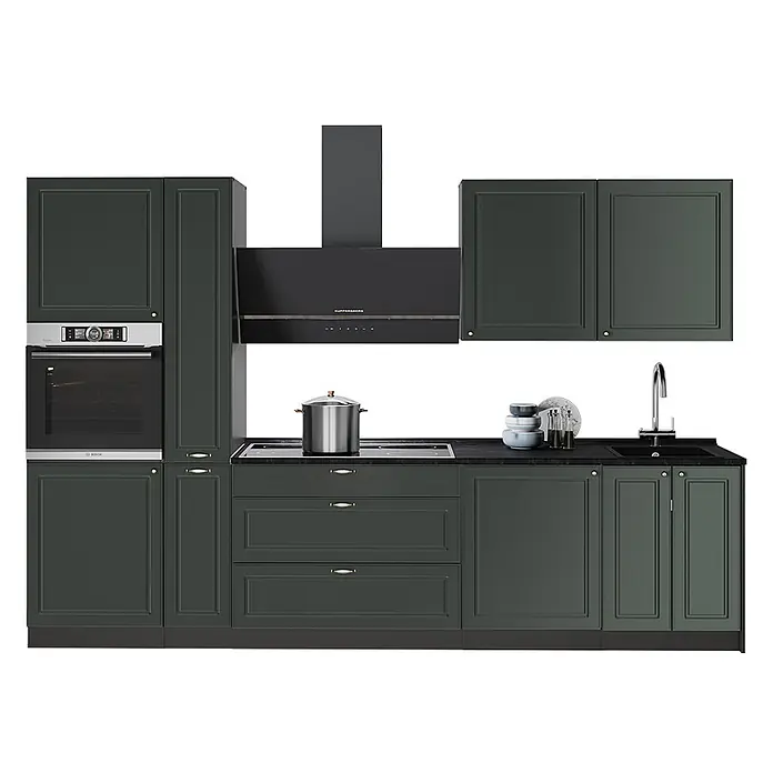 Vicco Küchenzeile - Breite: 310 cm, Grün-Gold Landhaus, Ohne Elektrogeräte - Dunkelgrüne Küchenzeile mit schwarzer Arbeitsplatte, integriertem Backofen, Kochfeld, Dunstabzugshaube und Spüle.