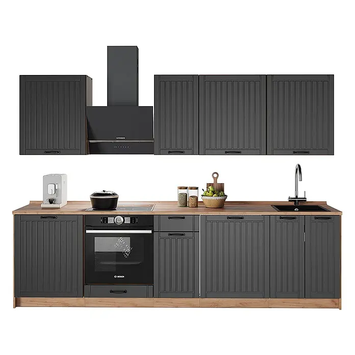 Vicco Küchenzeile - Breite: 280 cm, Dunkelgrau, Ohne Elektrogeräte - Dunkelgraue Küchenschränke mit Holzplatte, inklusive eingebautem Ofen, Dunstabzugshaube und Spüle.