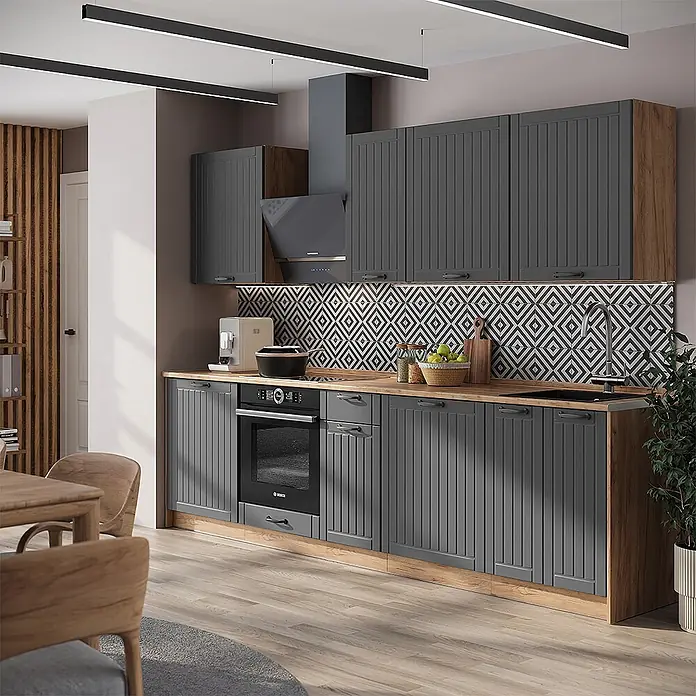 Vicco Küchenzeile - Breite: 280 cm, Dunkelgrau, Ohne Elektrogeräte - Moderne Küche mit dunkelgrauen Rillenfronten, Holz-Arbeitsplatten und integrierten Geräten, ergänzt durch eine gemusterte Rückwand.