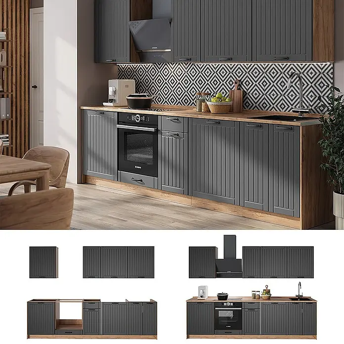 Vicco Küchenzeile - Breite: 280 cm, Dunkelgrau, Ohne Elektrogeräte - Dunkelgraue modulare Küchenschränke mit Holz-Arbeitsplatte in moderner Küche.