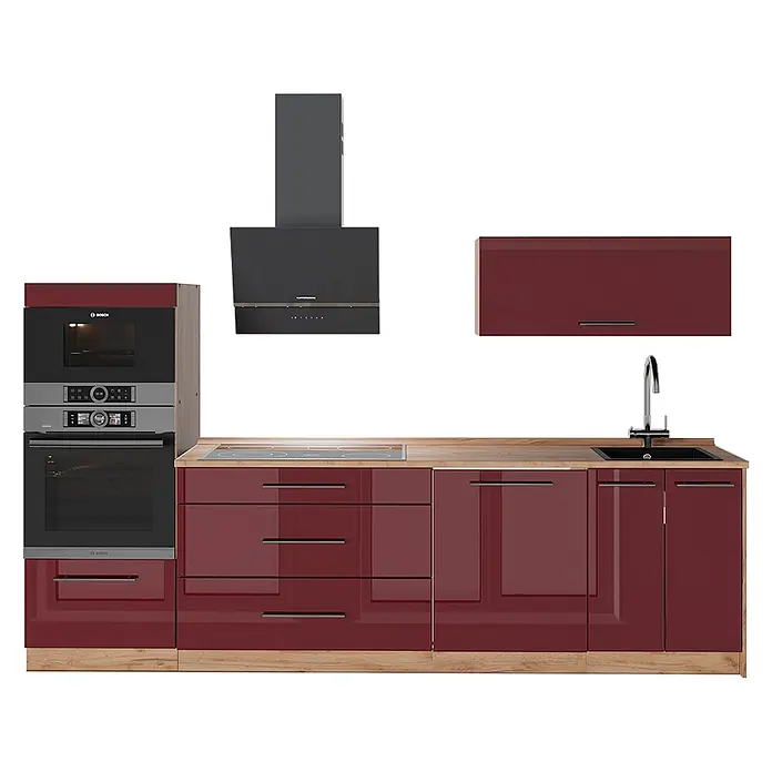 Vicco Küchenzeile - Breite: 280 cm, Bordeaux Hochglanz, Ohne Elektrogeräte - Moderne Küche mit glänzenden weinroten Schränken, heller Holztheke, Einbauherd, Kochfeld, Spüle und dunkler Dunstabzugshaube.