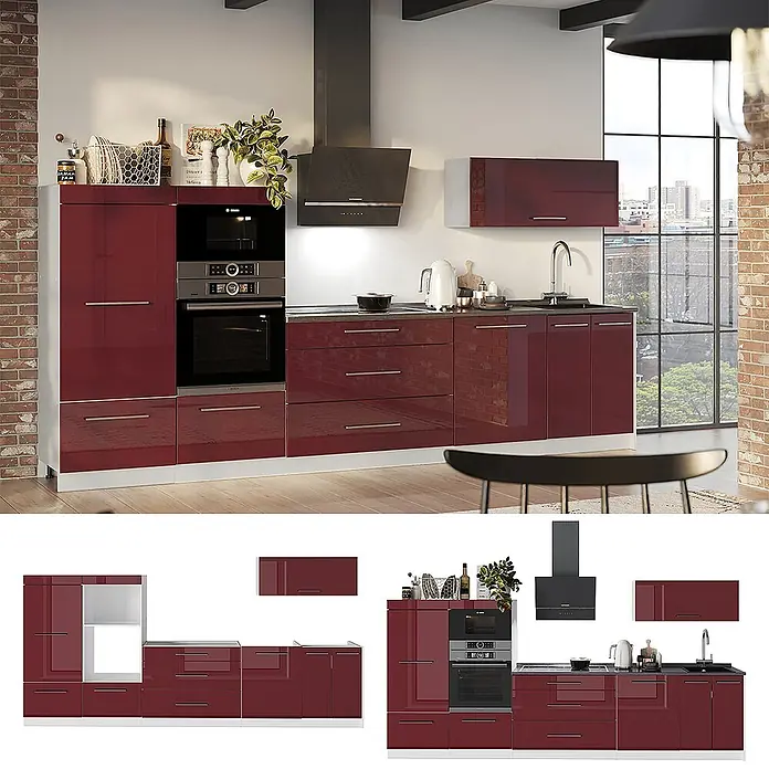Vicco Küchenzeile - Bordeaux Hochglanz, Ohne Elektrogeräte - Moderne, hochglänzende bordeauxrote Küche mit integriertem Backofen, Mikrowelle, Kochfeld, Spüle und Dunstabzugshaube in einem modernen Raum.