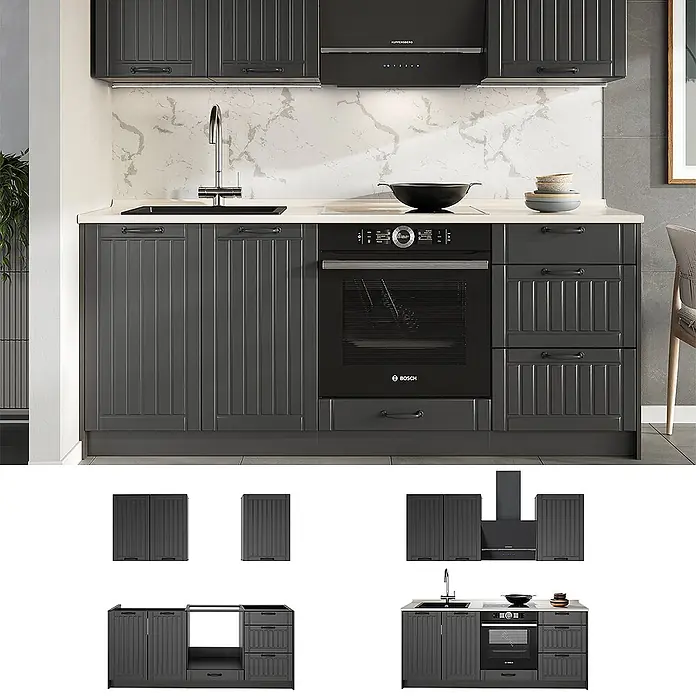 Vicco Singleküche - Breite: 190 cm, Dunkelgrau, Mit AP Marmor - Dunkelgraue, getäfelte Küchenzeile mit Spüle, integriertem Backofen und Dunstabzugshaube, eine komplette Kücheneinrichtung zeigend.